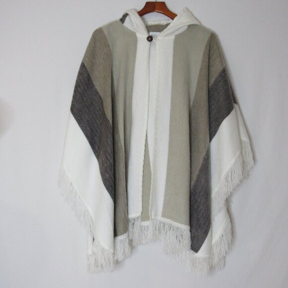 Andes Native Roots Hooded Poncho Alpaca Wool Hand Made Beige Stripe Women's OS - Picture 6 of 8